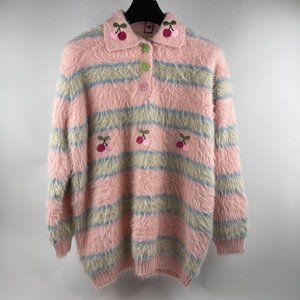 Sweet Orchard Vintage-Inspired Fuzzy Cardigan with Cherry Embroidery